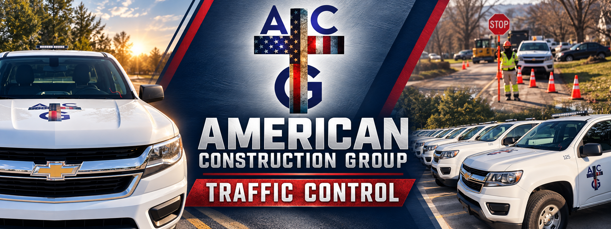 American Construction Group Traffic Control, with the company emblem, service trucks and a traffic controller
