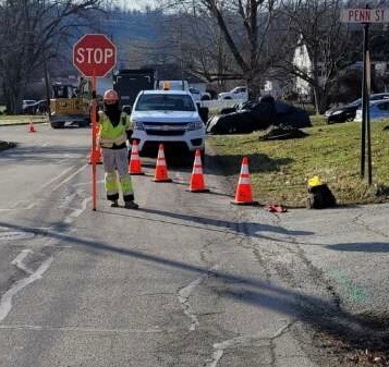 A traffic controller holding a STOP paddle beside cones